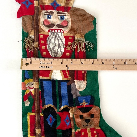 Vintage Needlepoint Wool Christmas Stocking Nutcracker Teddy Bear 3D Effect - Picture 10 of 10